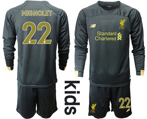 Liverpool #22 Mignolet Black Goalkeeper Long Sleeves Kid Soccer Club Jersey